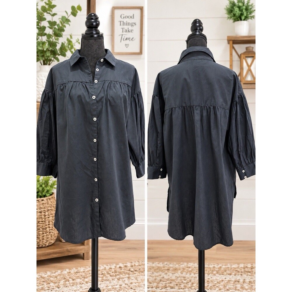 Maeve By Anthropologie Women Sz 1X Top Black 3/4 Puff Sleeve Button Down Cotton
